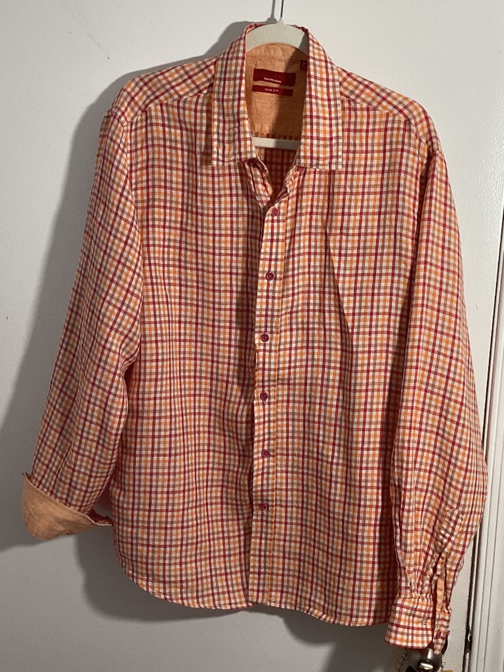 RED SAKS FIFTH AVENUE MEN'S XL LINEN SHIRT LONG SLEEVE TRIM FIT ORANGE RED PLAID
